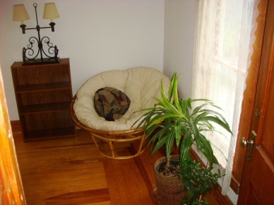 The corner of the guest bedroom looks homey - papasan chair, bookcase, and a plant. Voila.